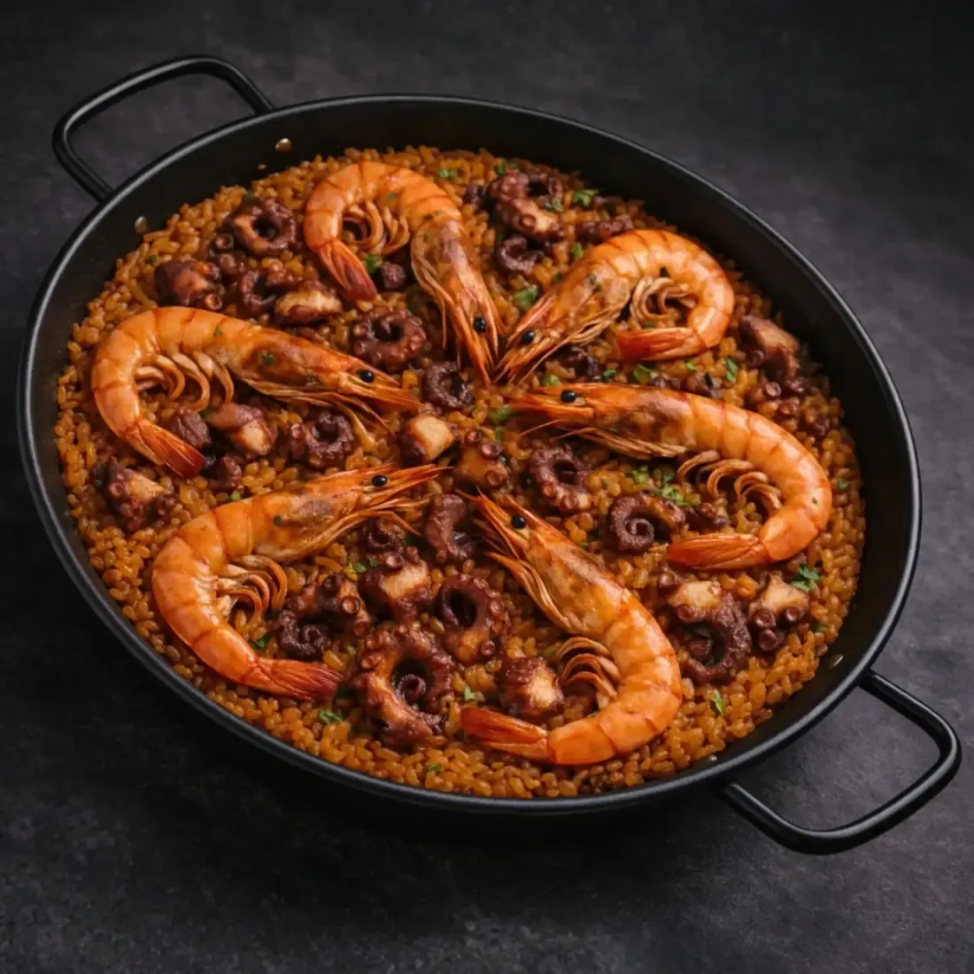 Paella de pulpo y gambones